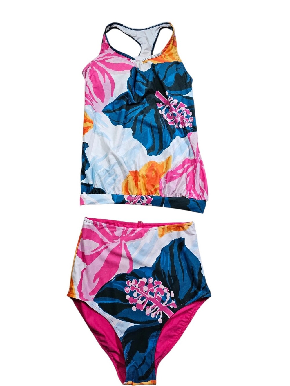 Coral Reef Tropical Floral Long Tankini Top And Bottom Two Piece Swimsuit M NWT